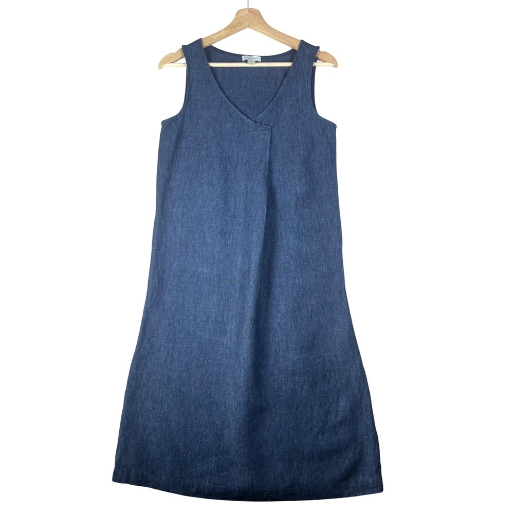 Garnet Hill Navy Blue 100% Linen Sleeveless V-Neck Midi Shift Dress Womens‎ 2